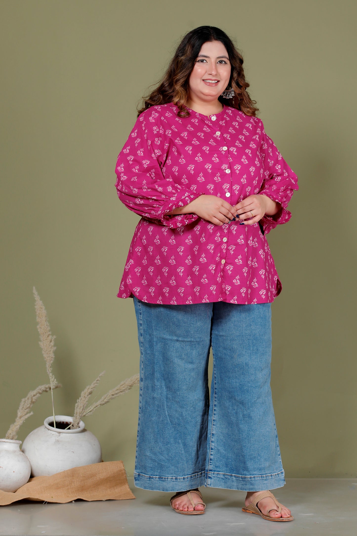 FLORAL BUTI PRINT COTTON SHIRT TOP IN MAGENTA PINK COLOUR BY PLUSSIZEKURTI