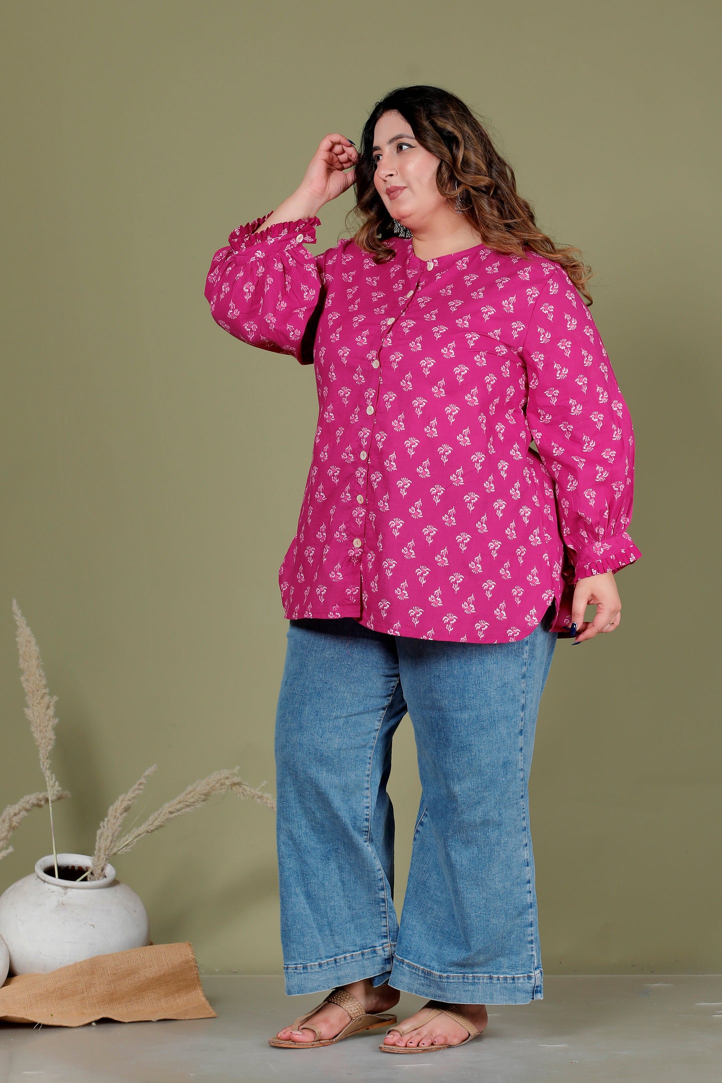FLORAL BUTI PRINT COTTON SHIRT TOP IN MAGENTA PINK COLOUR BY PLUSSIZEKURTI