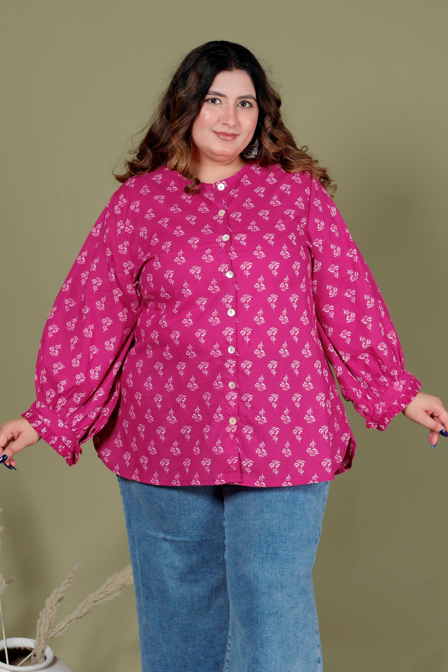 FLORAL BUTI PRINT COTTON SHIRT TOP IN MAGENTA PINK COLOUR BY PLUSSIZEKURTI