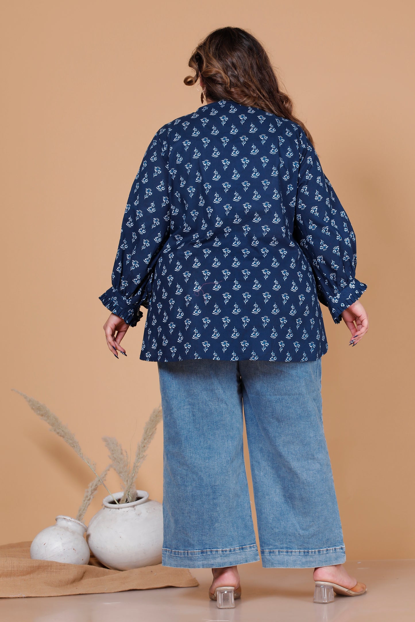 FLORAL BUTI PRINT COTTON SHIRT TOP IN NAVY BLUE COLOUR BY PLUSSIZEKURTI