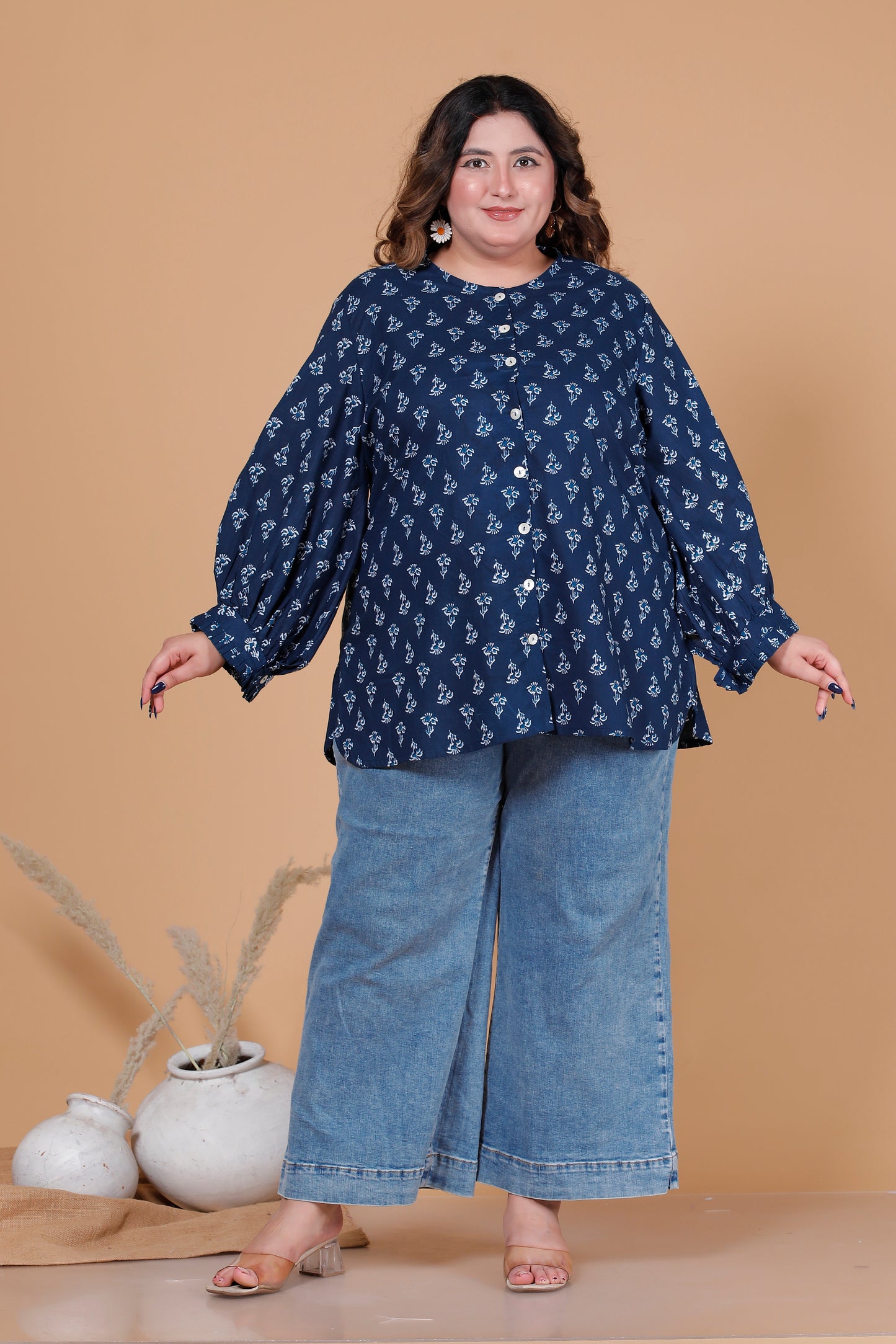 FLORAL BUTI PRINT COTTON SHIRT TOP IN NAVY BLUE COLOUR BY PLUSSIZEKURTI