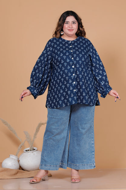FLORAL BUTI PRINT COTTON SHIRT TOP IN NAVY BLUE COLOUR BY PLUSSIZEKURTI