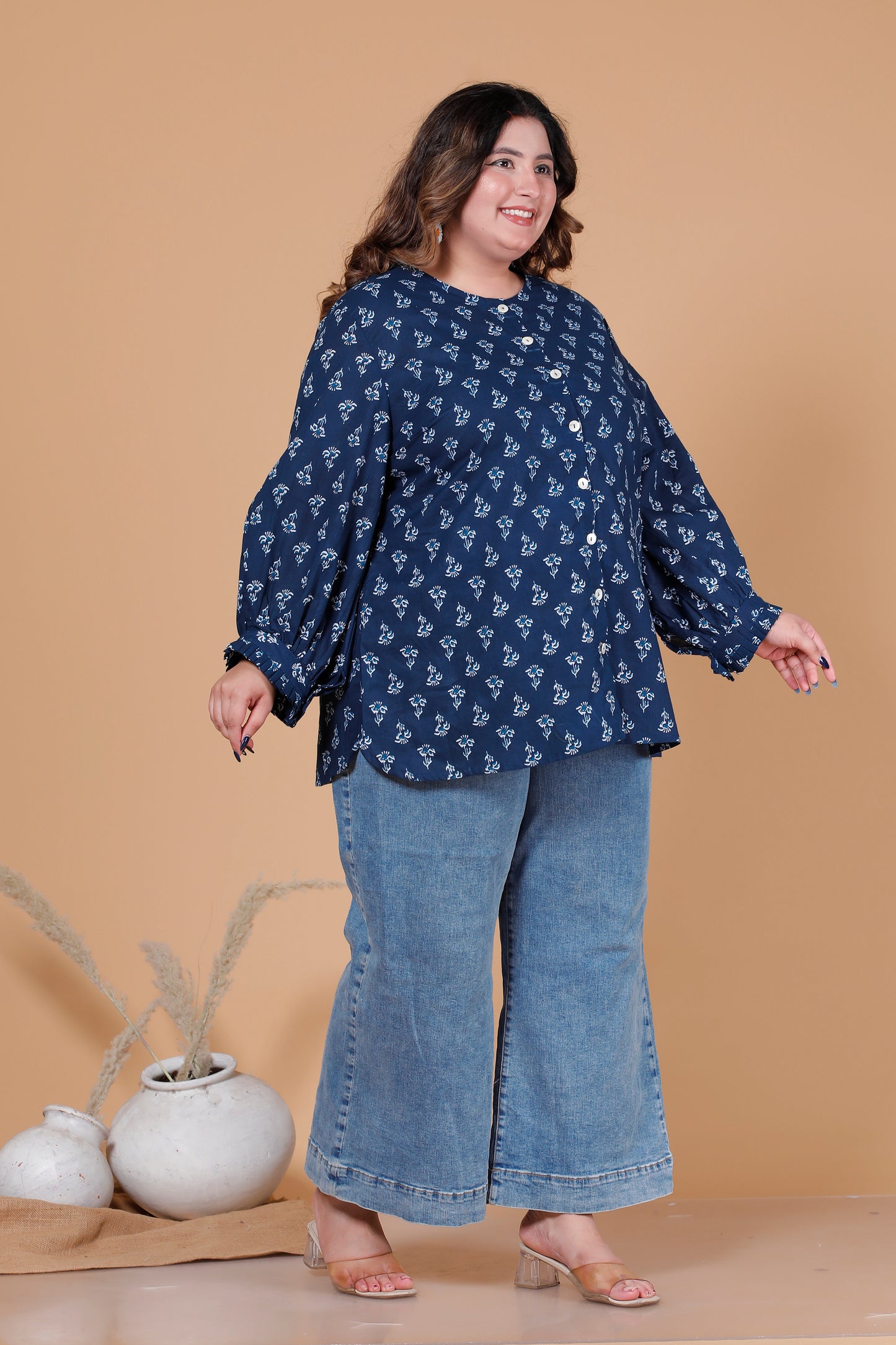 FLORAL BUTI PRINT COTTON SHIRT TOP IN NAVY BLUE COLOUR BY PLUSSIZEKURTI