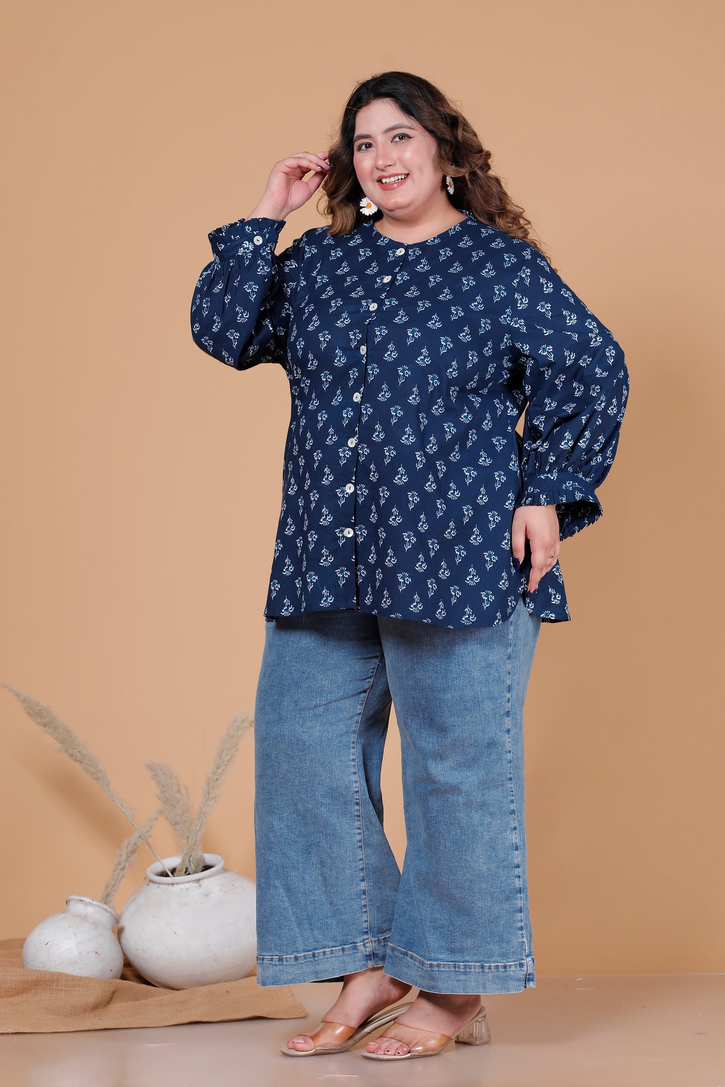 FLORAL BUTI PRINT COTTON SHIRT TOP IN NAVY BLUE COLOUR BY PLUSSIZEKURTI