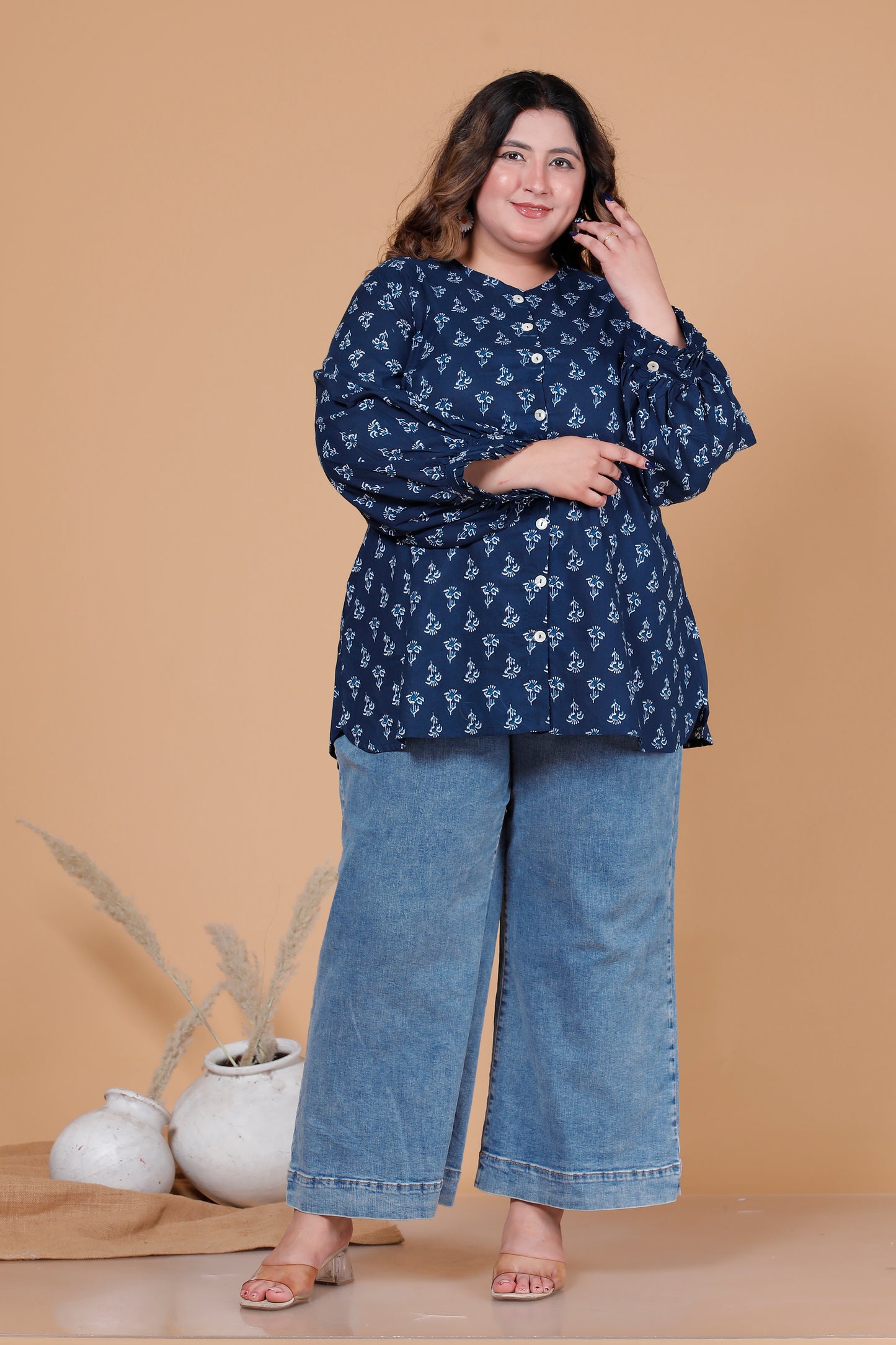 FLORAL BUTI PRINT COTTON SHIRT TOP IN NAVY BLUE COLOUR BY PLUSSIZEKURTI