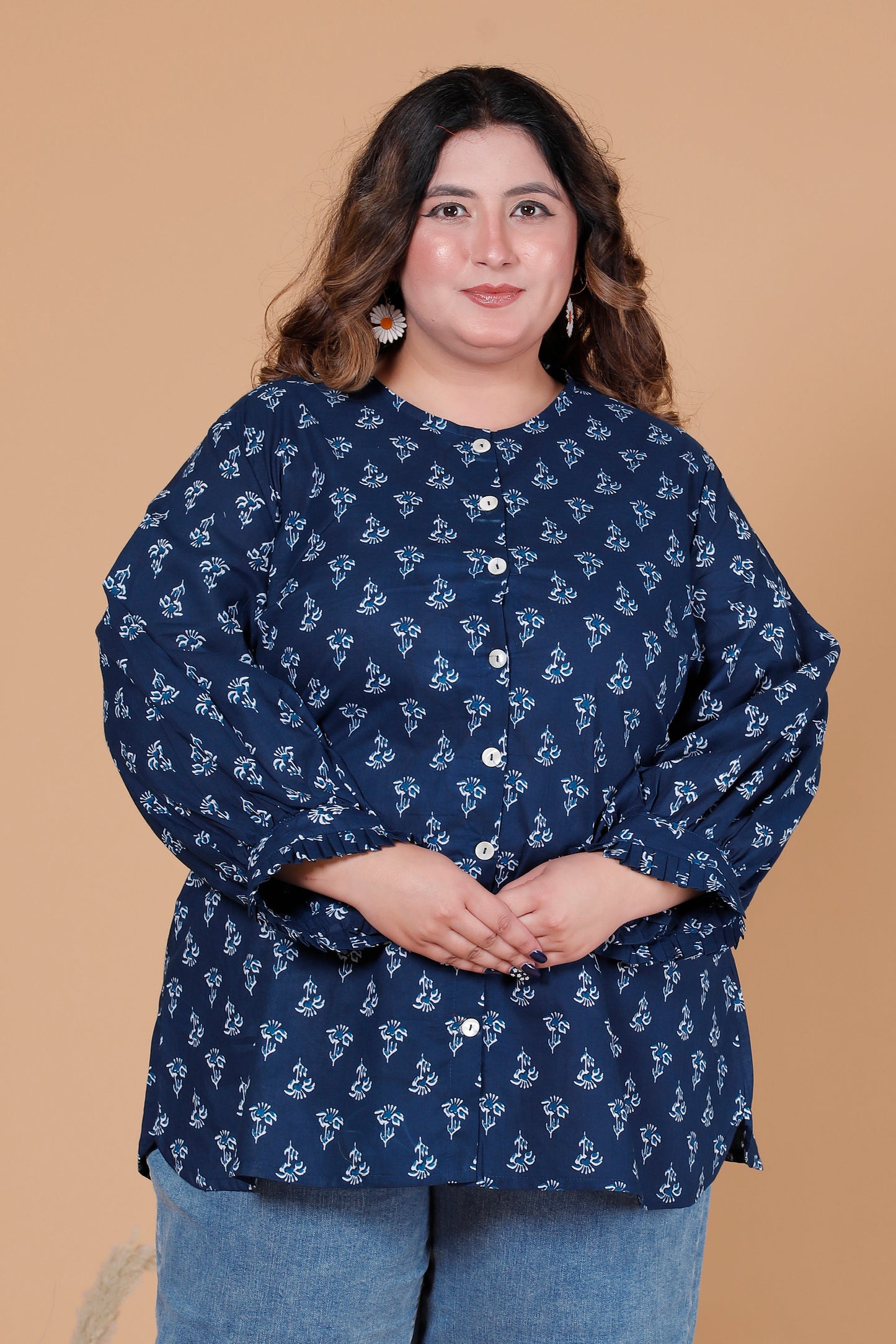 FLORAL BUTI PRINT COTTON SHIRT TOP IN NAVY BLUE COLOUR BY PLUSSIZEKURTI
