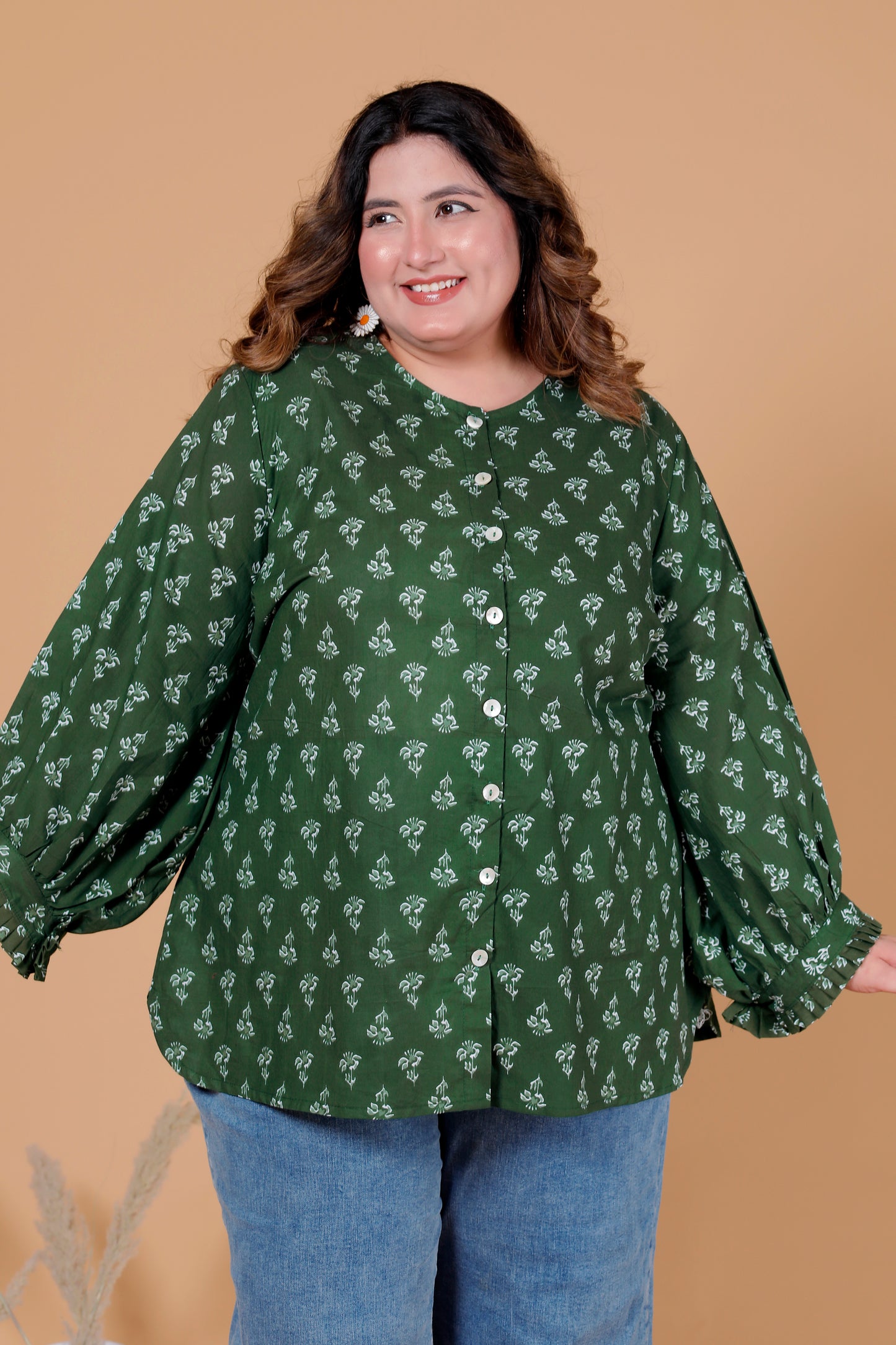 FLORAL BUTI PRINT COTTON SHIRT TOP IN FOREST GREEN COLOUR BY PLUSSIZEKURTI