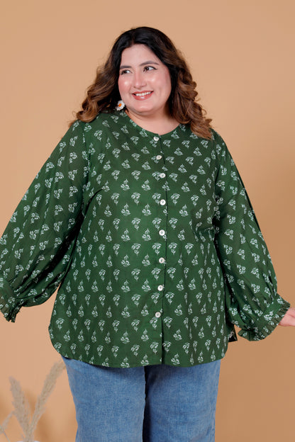 FLORAL BUTI PRINT COTTON SHIRT TOP IN FOREST GREEN COLOUR BY PLUSSIZEKURTI