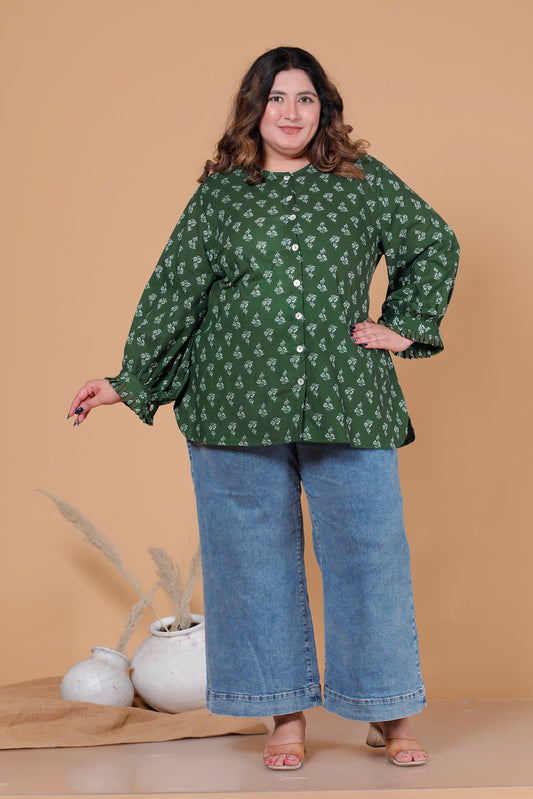 FLORAL BUTI PRINT COTTON SHIRT TOP IN FOREST GREEN COLOUR BY PLUSSIZEKURTI