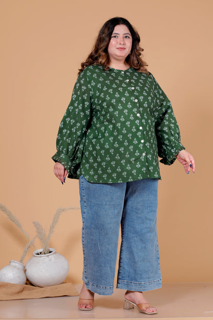 FLORAL BUTI PRINT COTTON SHIRT TOP IN FOREST GREEN COLOUR BY PLUSSIZEKURTI