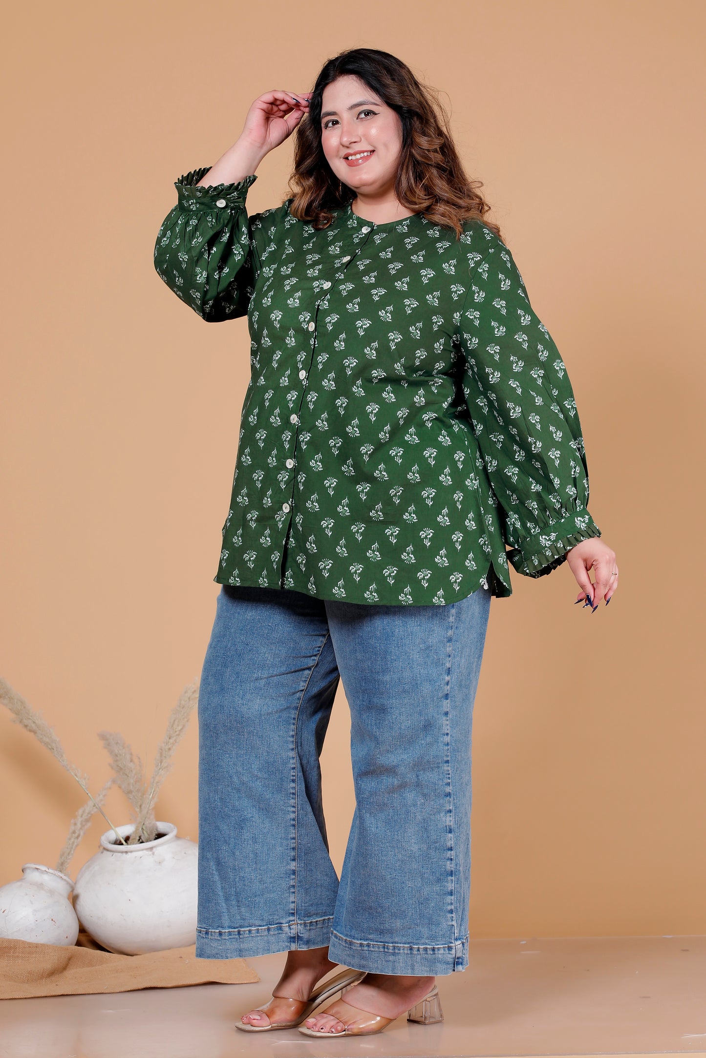 FLORAL BUTI PRINT COTTON SHIRT TOP IN FOREST GREEN COLOUR BY PLUSSIZEKURTI