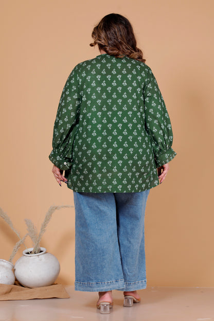 FLORAL BUTI PRINT COTTON SHIRT TOP IN FOREST GREEN COLOUR BY PLUSSIZEKURTI