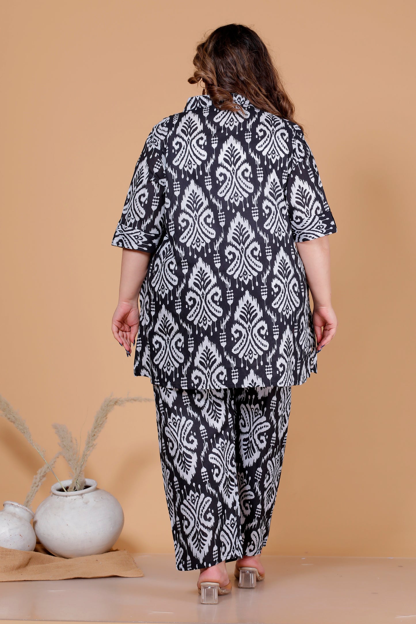IKAT MOTIF PRINT COTTON CO-ORD SET IN BLACK BY PLUSSIZEKURTI