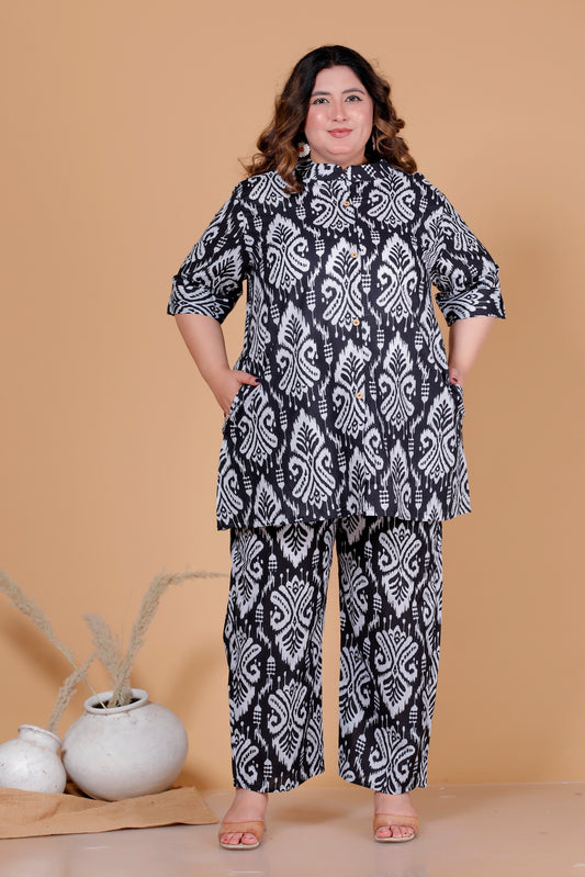 IKAT MOTIF PRINT COTTON CO-ORD SET IN BLACK BY PLUSSIZEKURTI