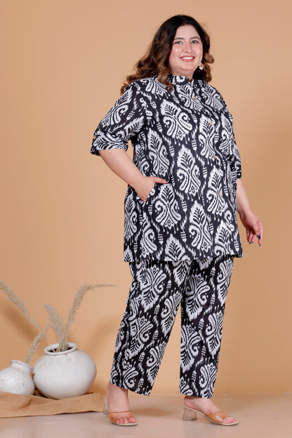 IKAT MOTIF PRINT COTTON CO-ORD SET IN BLACK BY PLUSSIZEKURTI