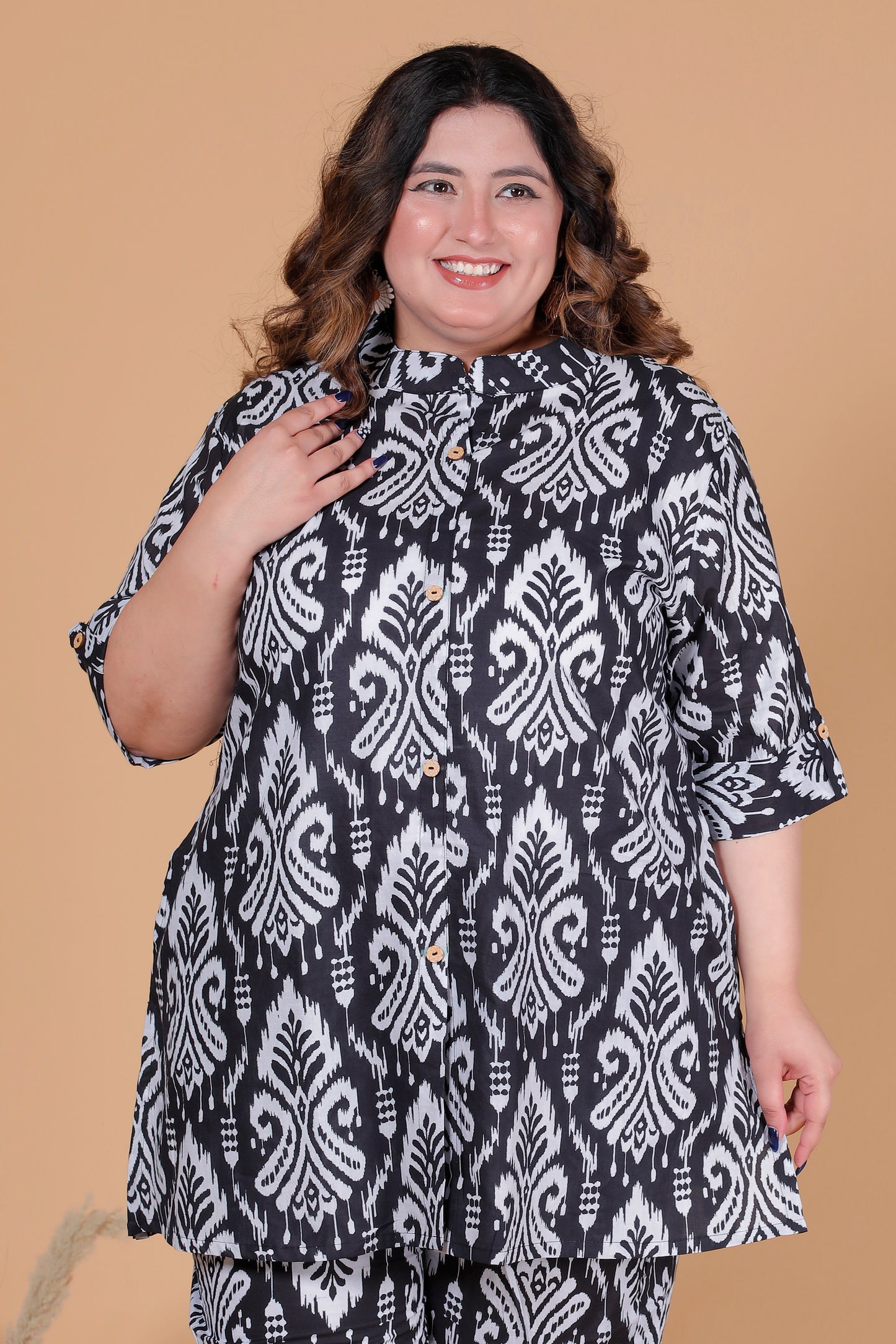 IKAT MOTIF PRINT COTTON CO-ORD SET IN BLACK BY PLUSSIZEKURTI
