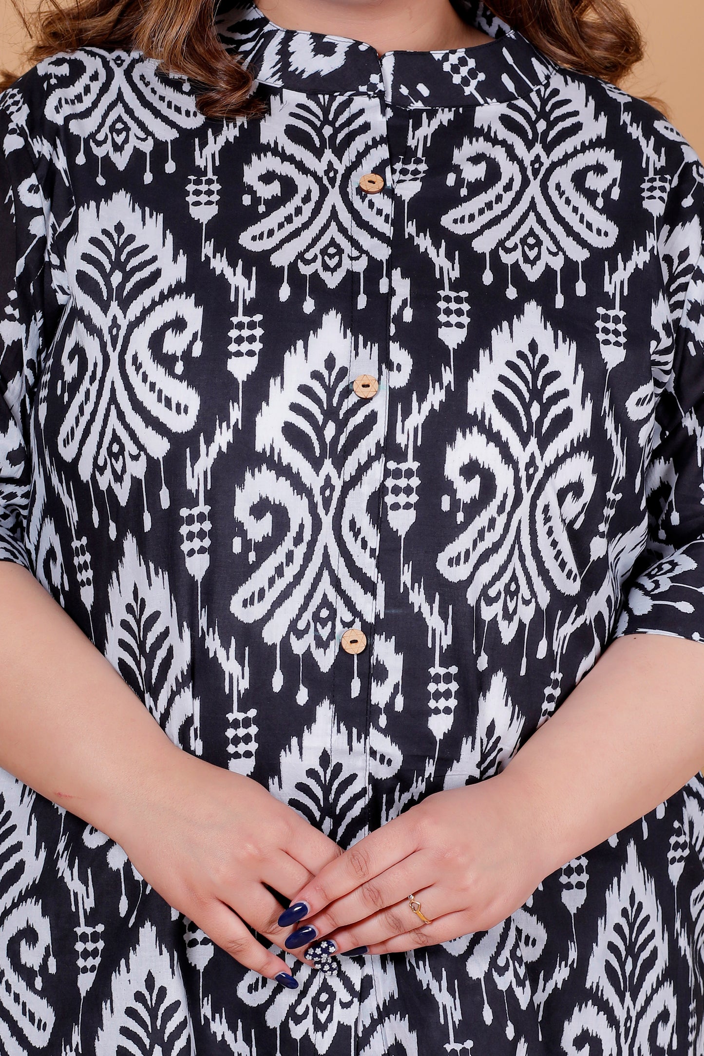 IKAT MOTIF PRINT COTTON CO-ORD SET IN BLACK BY PLUSSIZEKURTI