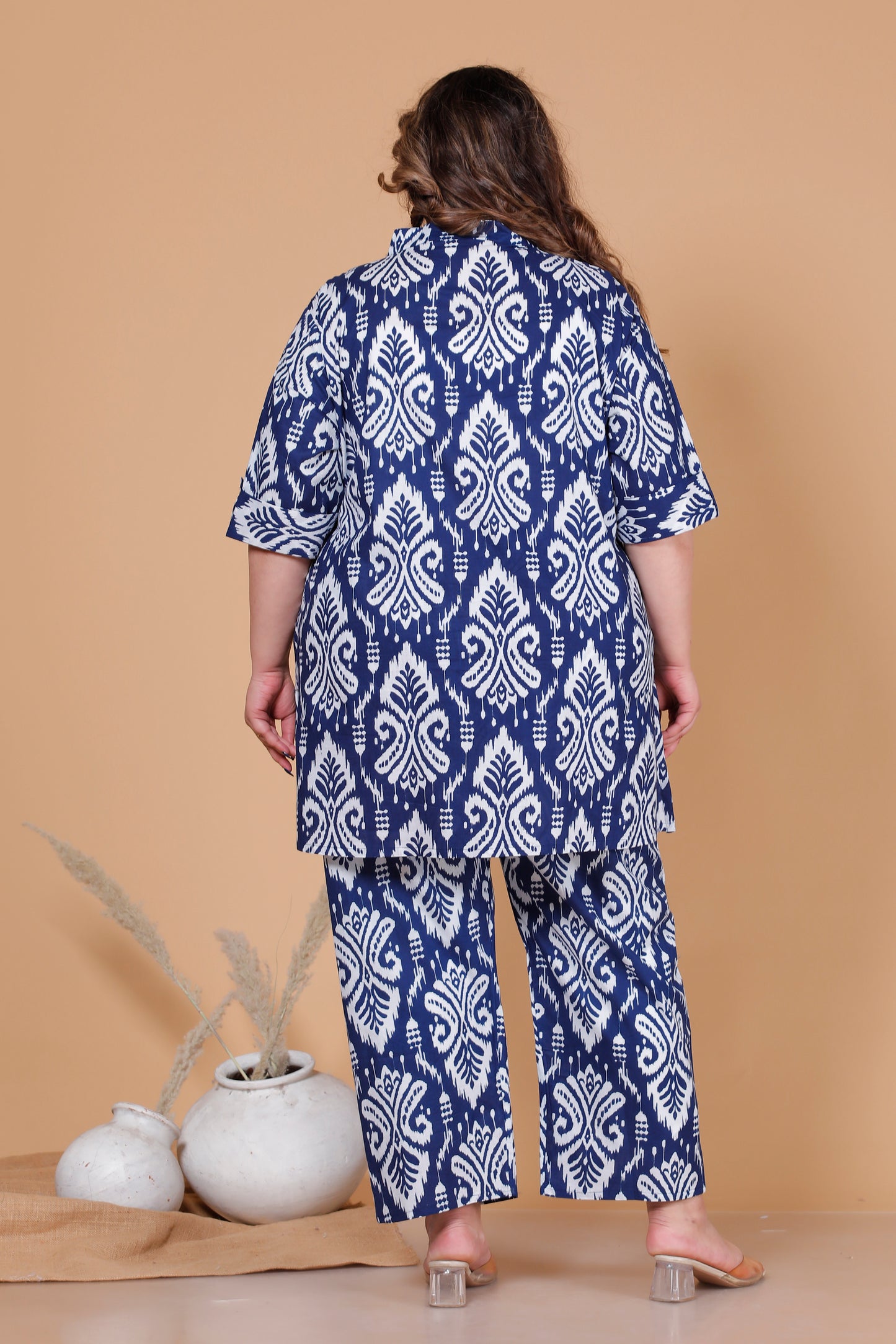 IKAT MOTIF PRINT COTTON CO-ORD SET IN BLUE BY PLUSSIZEKURTI