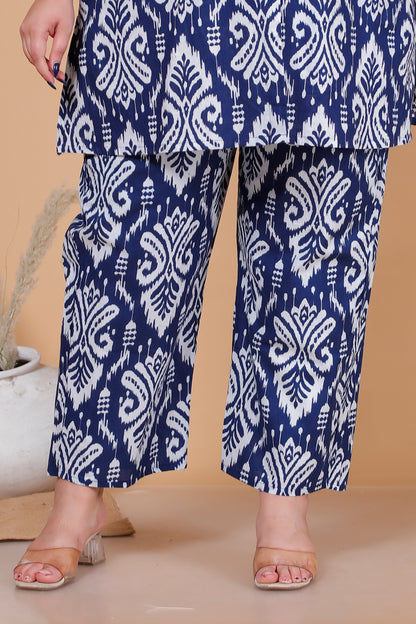 IKAT MOTIF PRINT COTTON CO-ORD SET IN BLUE BY PLUSSIZEKURTI