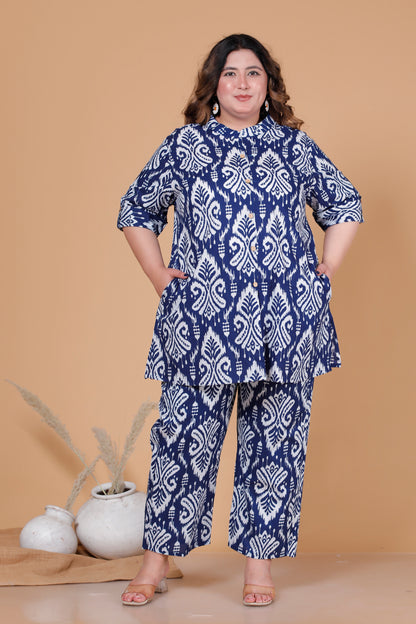 IKAT MOTIF PRINT COTTON CO-ORD SET IN BLUE BY PLUSSIZEKURTI