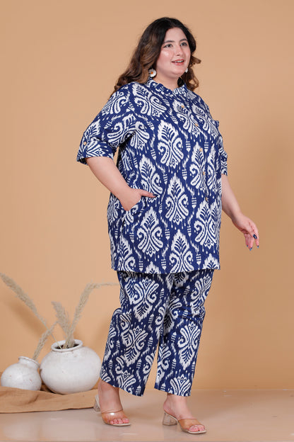 IKAT MOTIF PRINT COTTON CO-ORD SET IN BLUE BY PLUSSIZEKURTI