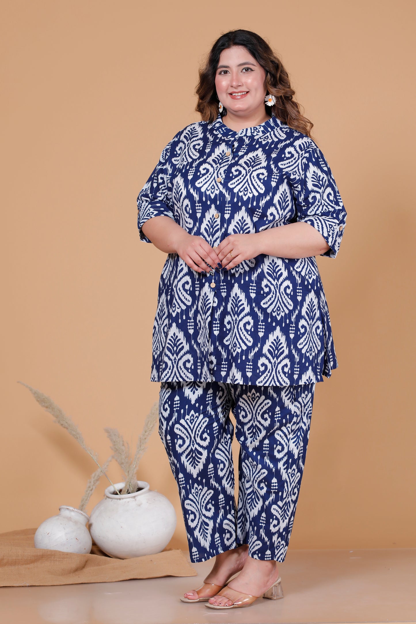 IKAT MOTIF PRINT COTTON CO-ORD SET IN BLUE BY PLUSSIZEKURTI