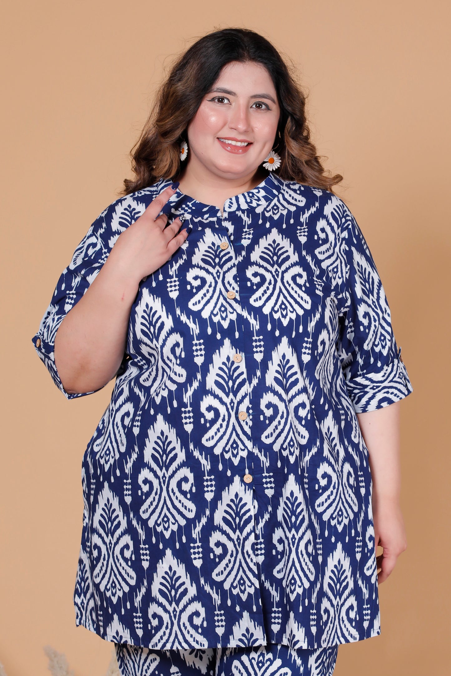 IKAT MOTIF PRINT COTTON CO-ORD SET IN BLUE BY PLUSSIZEKURTI