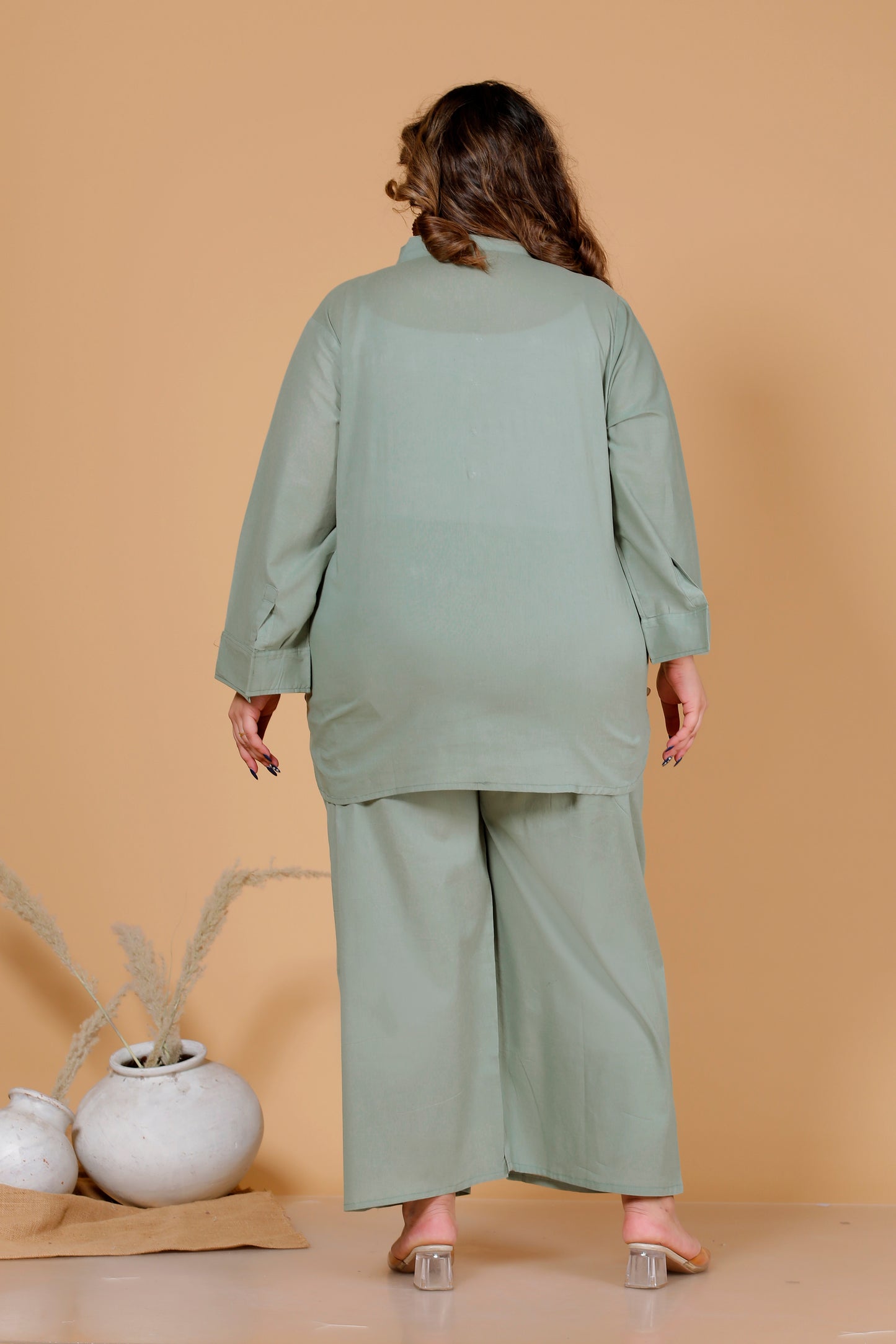 HEM BUTTON SOLID COTTON CO-ORD SET IN SAGE GREEN BY PLUSSIZEKURTI