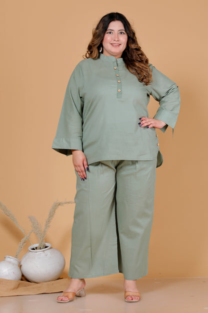 HEM BUTTON SOLID COTTON CO-ORD SET IN SAGE GREEN BY PLUSSIZEKURTI