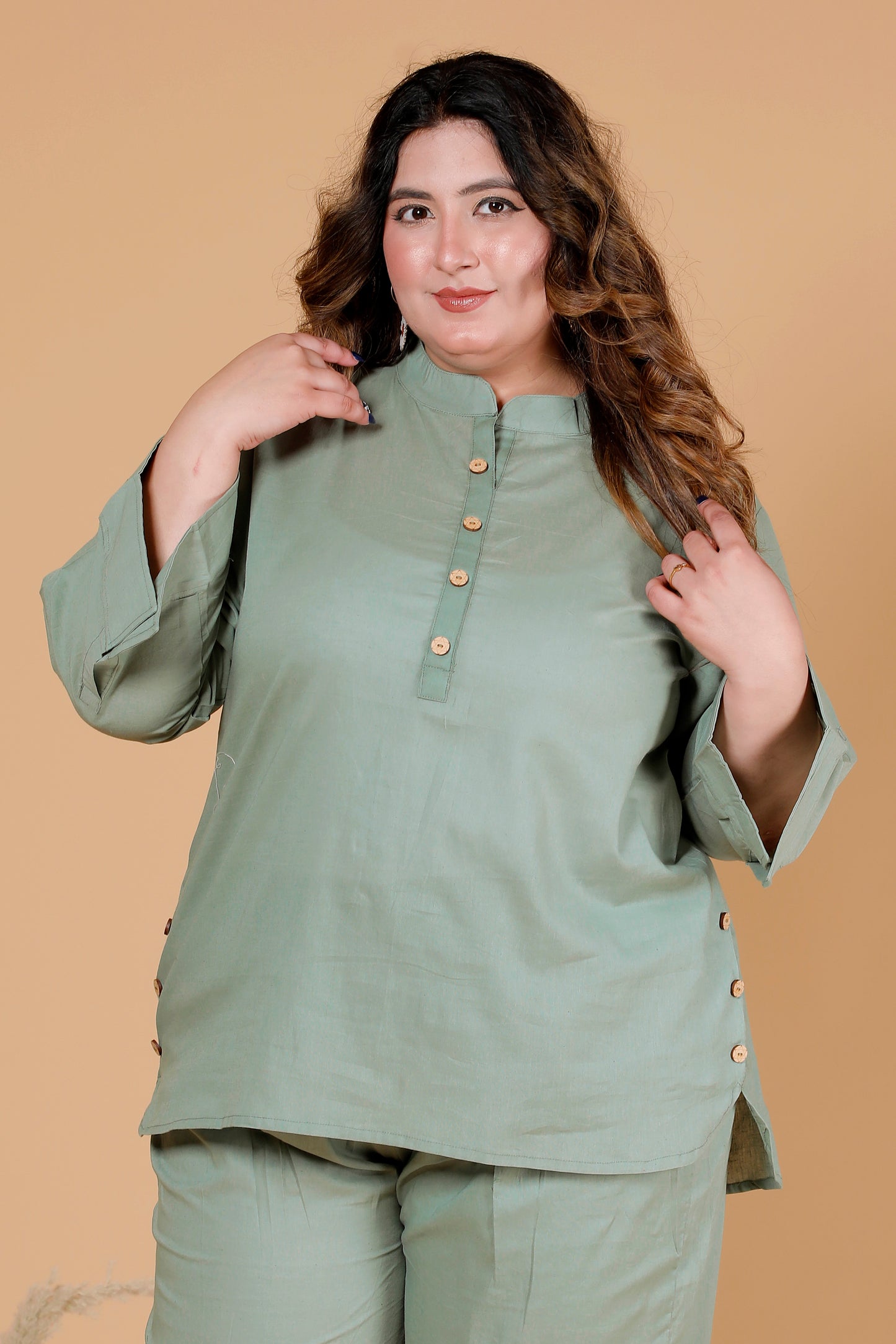 HEM BUTTON SOLID COTTON CO-ORD SET IN SAGE GREEN BY PLUSSIZEKURTI