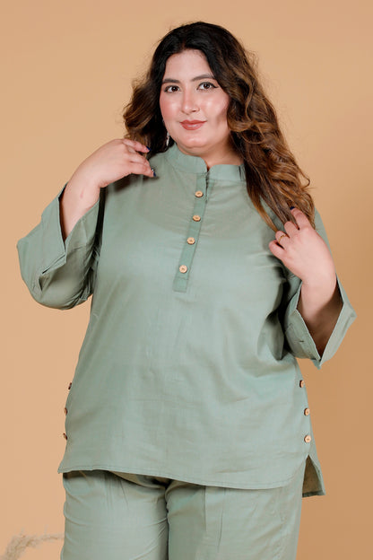 HEM BUTTON SOLID COTTON CO-ORD SET IN SAGE GREEN BY PLUSSIZEKURTI