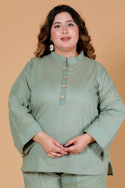 HEM BUTTON SOLID COTTON CO-ORD SET IN SAGE GREEN BY PLUSSIZEKURTI