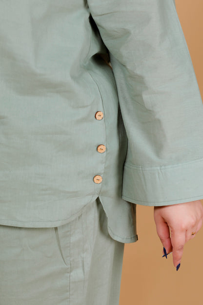 HEM BUTTON SOLID COTTON CO-ORD SET IN SAGE GREEN BY PLUSSIZEKURTI