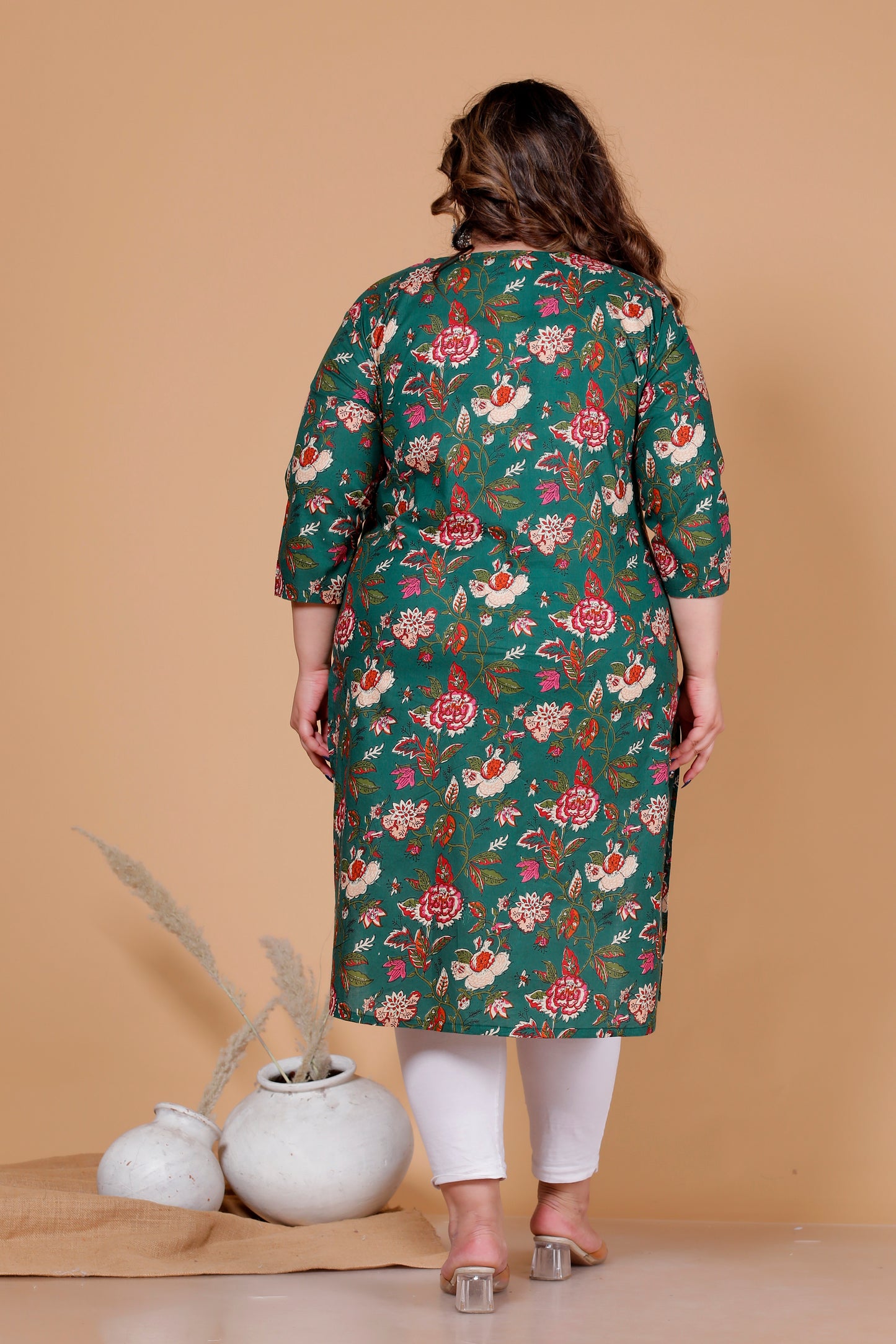 FLORAL VINE PRINT COTTON KURTI IN DEEP GREEN BY PLUSSIZEKURTI