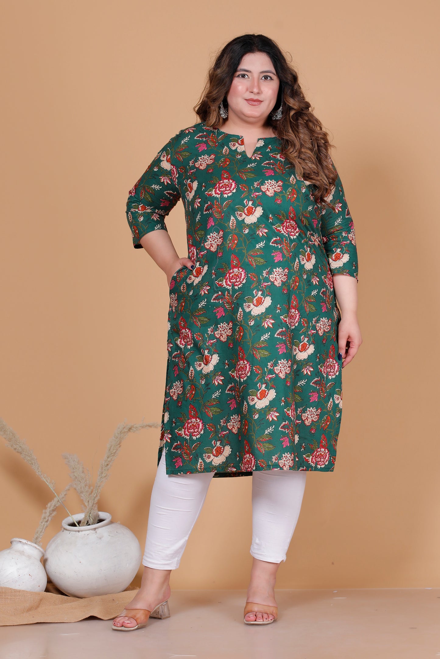 FLORAL VINE PRINT COTTON KURTI IN DEEP GREEN BY PLUSSIZEKURTI