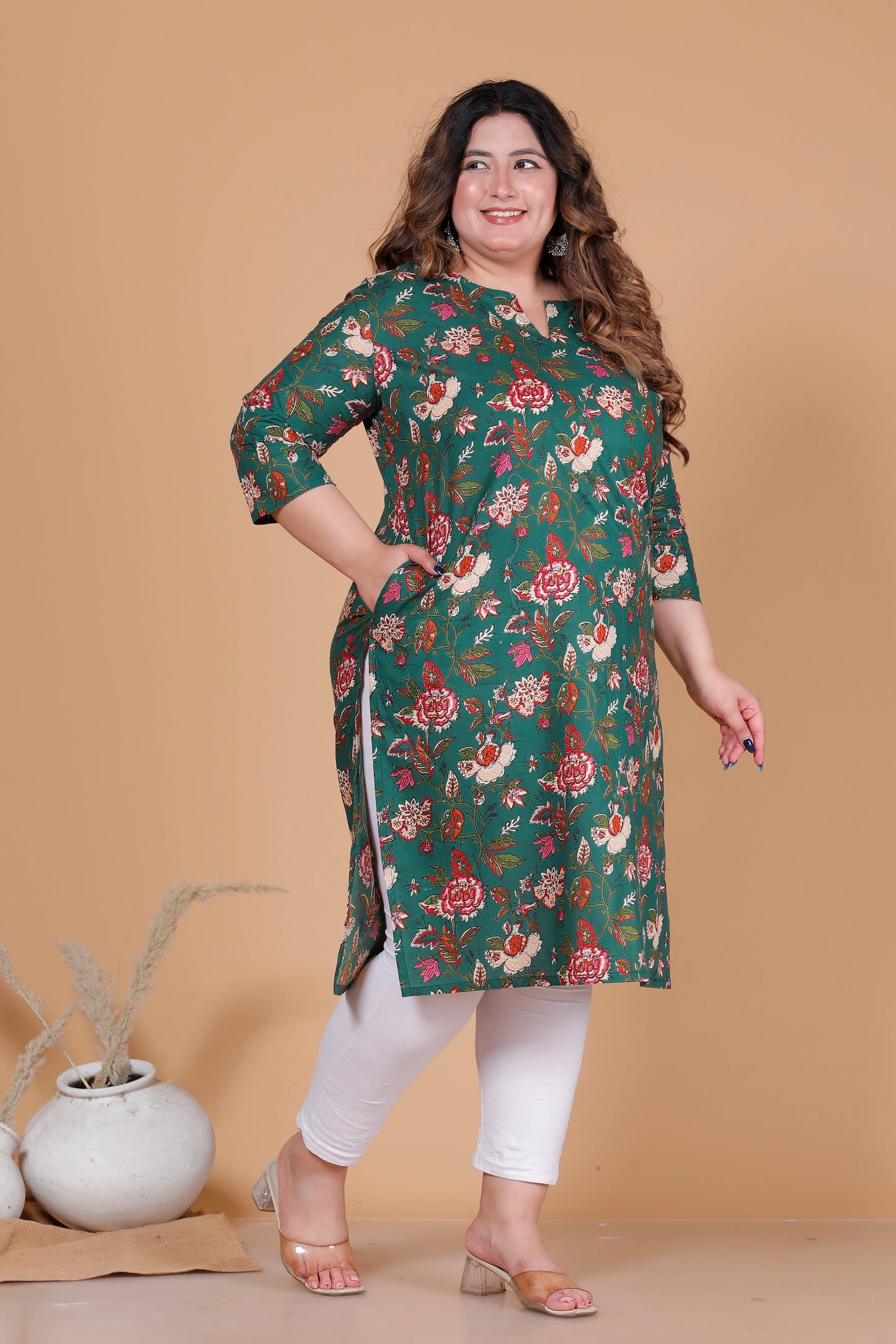 FLORAL VINE PRINT COTTON KURTI IN DEEP GREEN BY PLUSSIZEKURTI