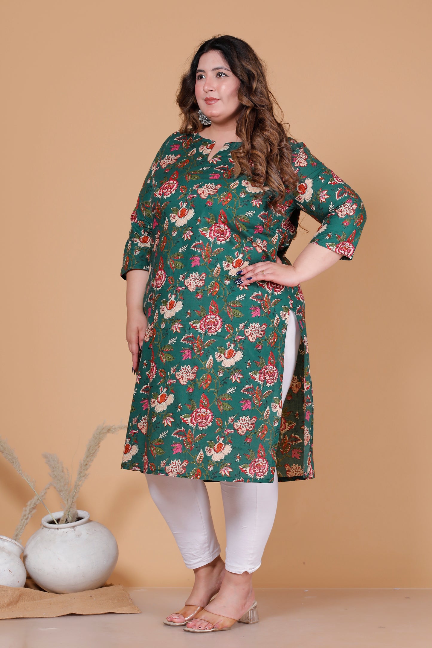 FLORAL VINE PRINT COTTON KURTI IN DEEP GREEN BY PLUSSIZEKURTI