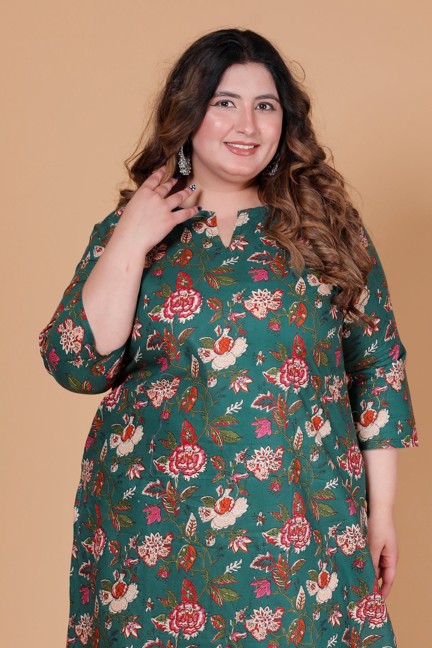 FLORAL VINE PRINT COTTON KURTI IN DEEP GREEN BY PLUSSIZEKURTI
