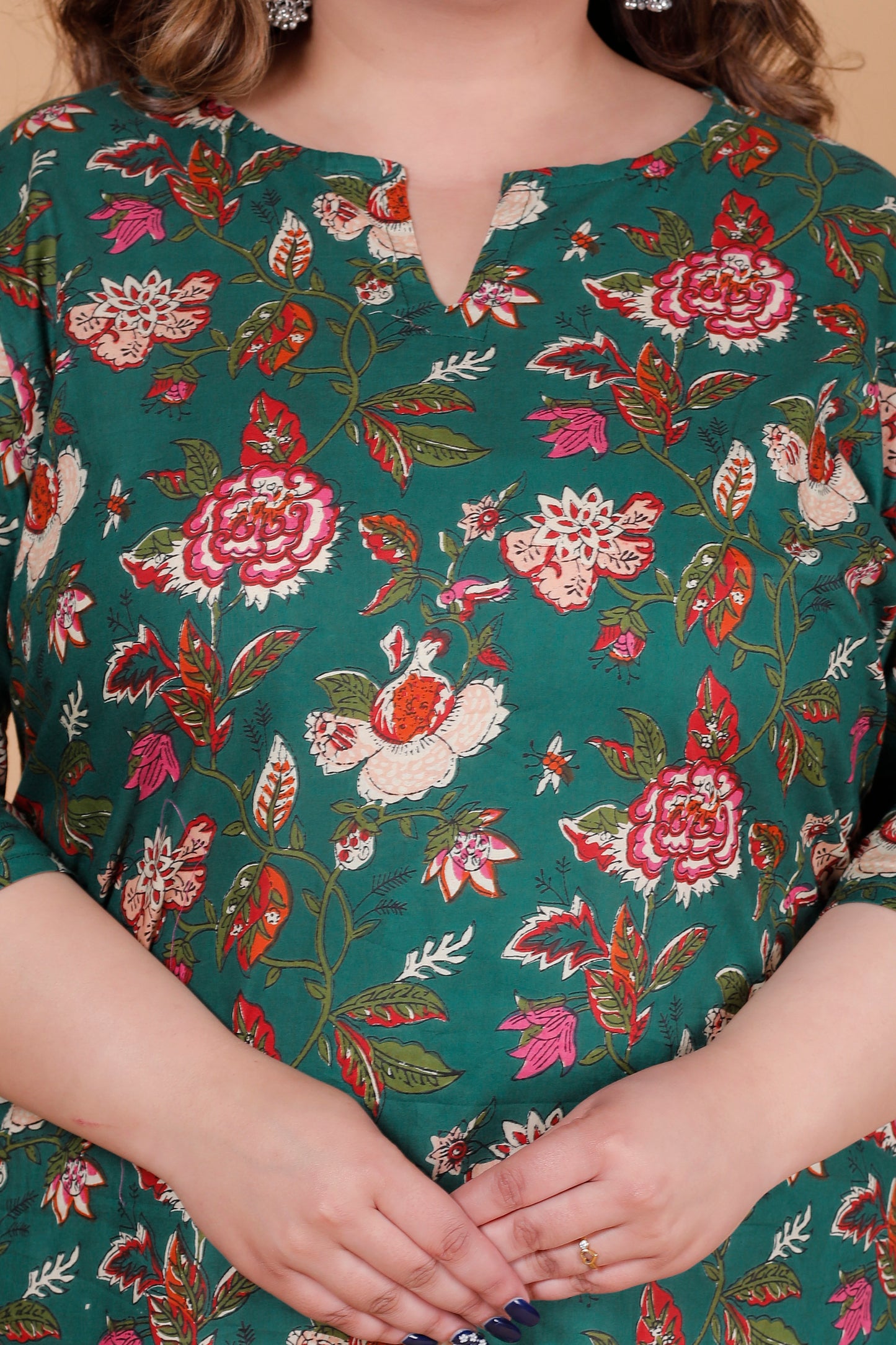 FLORAL VINE PRINT COTTON KURTI IN DEEP GREEN BY PLUSSIZEKURTI