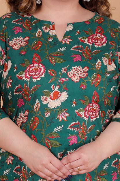 FLORAL VINE PRINT COTTON KURTI IN DEEP GREEN BY PLUSSIZEKURTI