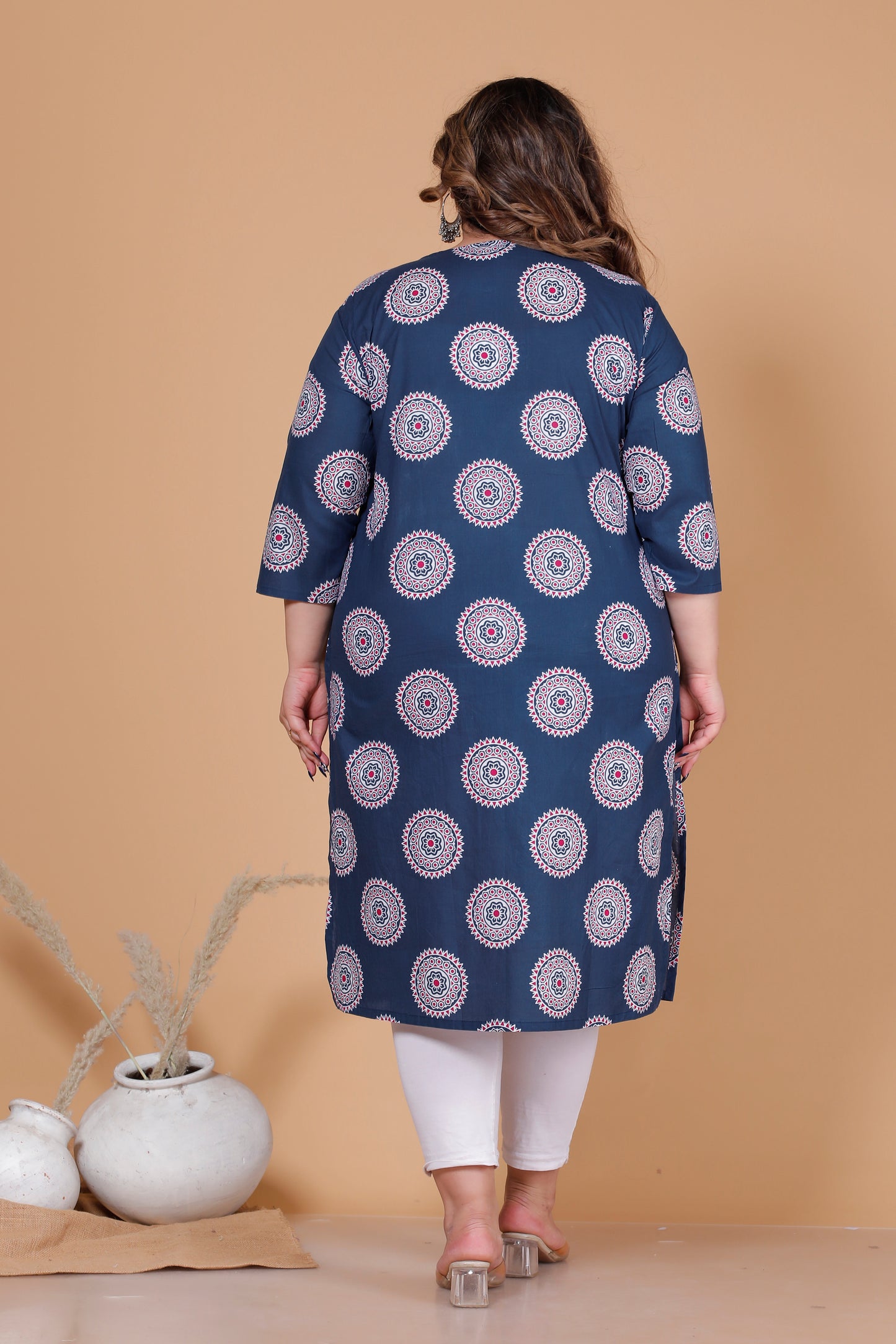 MANDALA CIRCULAR PRINT COTTON KURTI IN NAVY BLUE BY PLUSSIZEKURTI