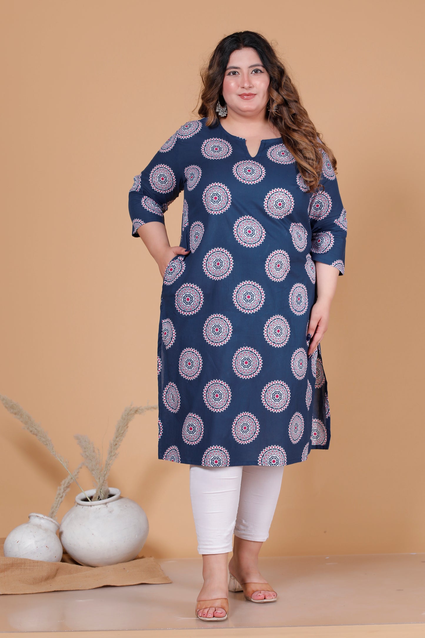 MANDALA CIRCULAR PRINT COTTON KURTI IN NAVY BLUE BY PLUSSIZEKURTI