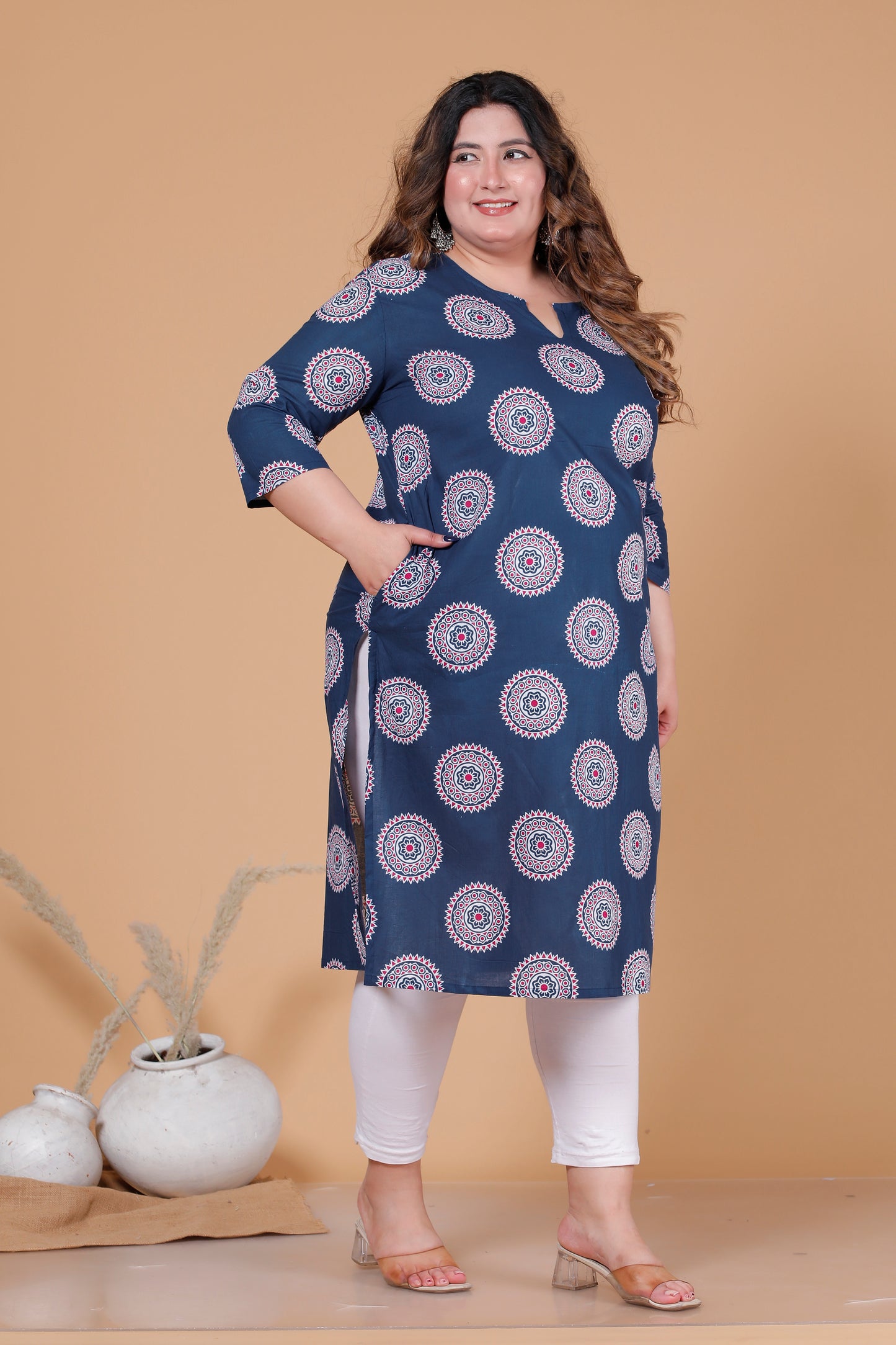 MANDALA CIRCULAR PRINT COTTON KURTI IN NAVY BLUE BY PLUSSIZEKURTI