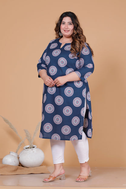 MANDALA CIRCULAR PRINT COTTON KURTI IN NAVY BLUE BY PLUSSIZEKURTI