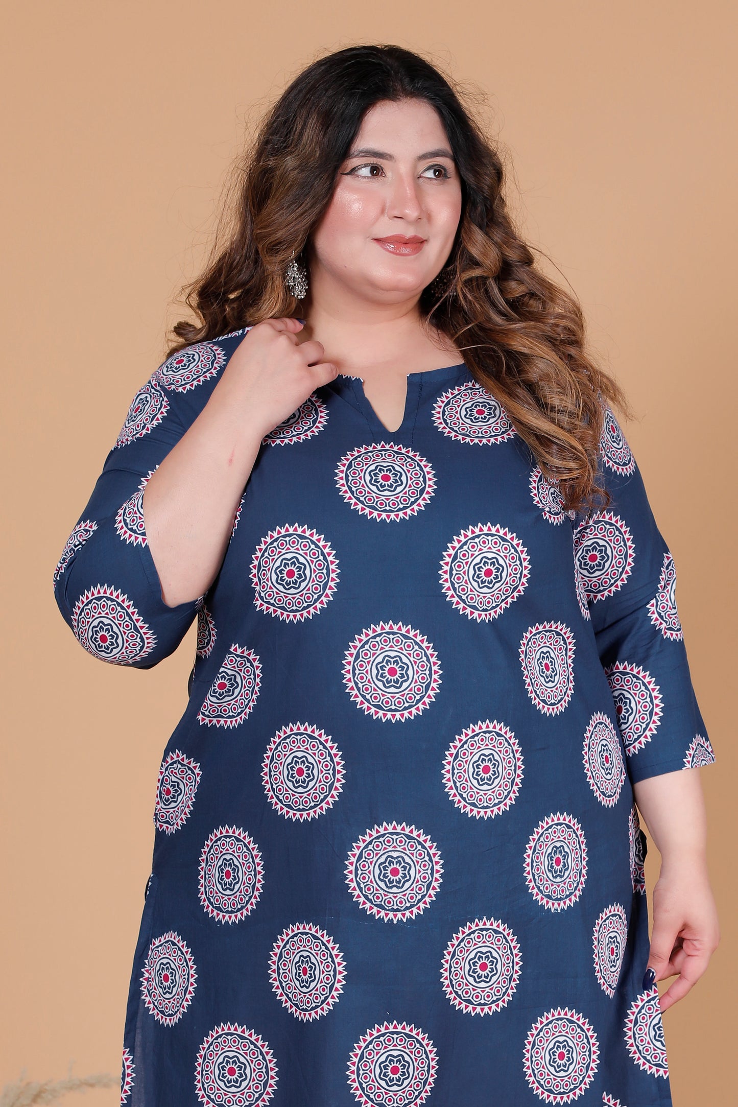 MANDALA CIRCULAR PRINT COTTON KURTI IN NAVY BLUE BY PLUSSIZEKURTI