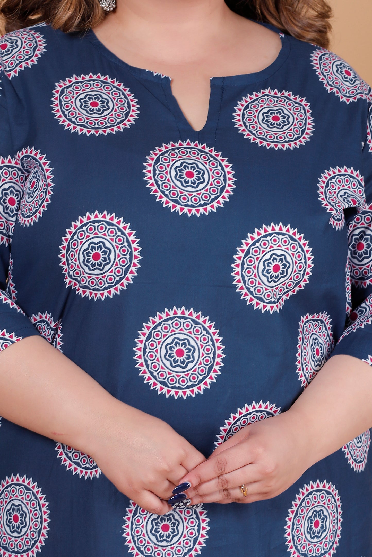 MANDALA CIRCULAR PRINT COTTON KURTI IN NAVY BLUE BY PLUSSIZEKURTI