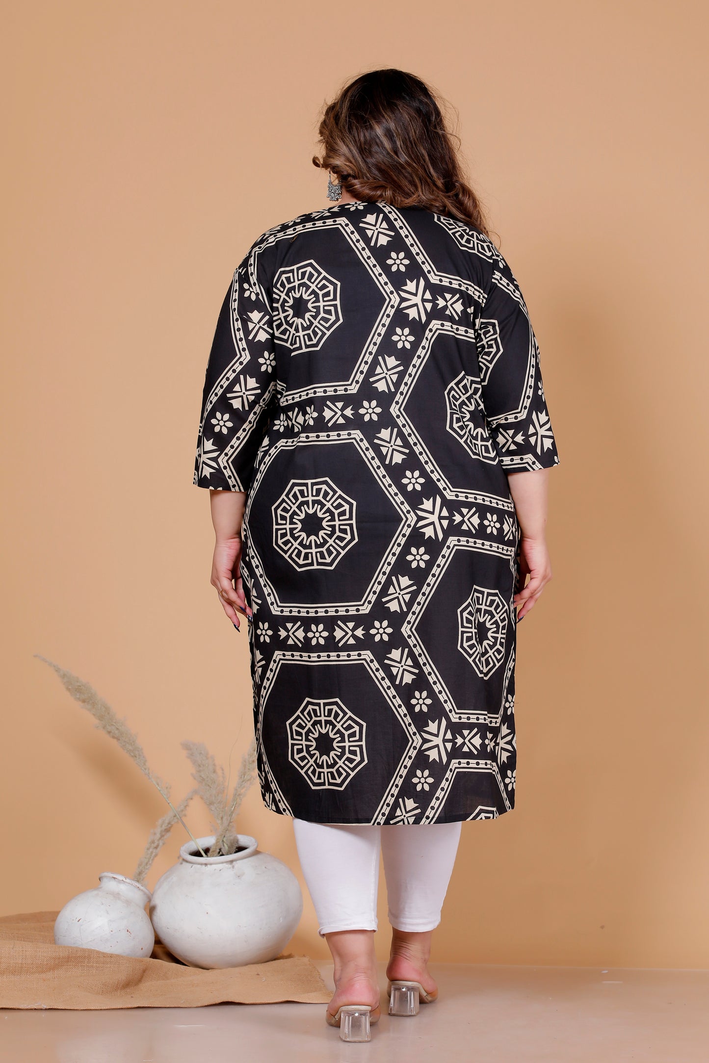 HEXAGON GEOMETRIC PRINT COTTON KURTI IN BLACK BY PLUSSIZEKURTI