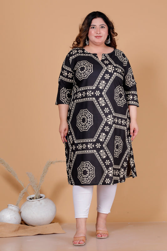 HEXAGON GEOMETRIC PRINT COTTON KURTI IN BLACK BY PLUSSIZEKURTI