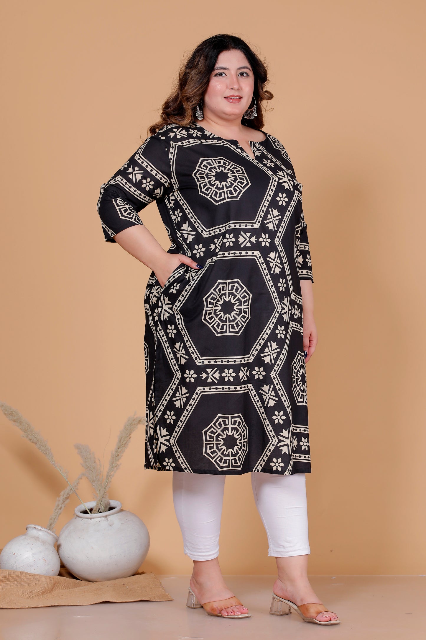 HEXAGON GEOMETRIC PRINT COTTON KURTI IN BLACK BY PLUSSIZEKURTI