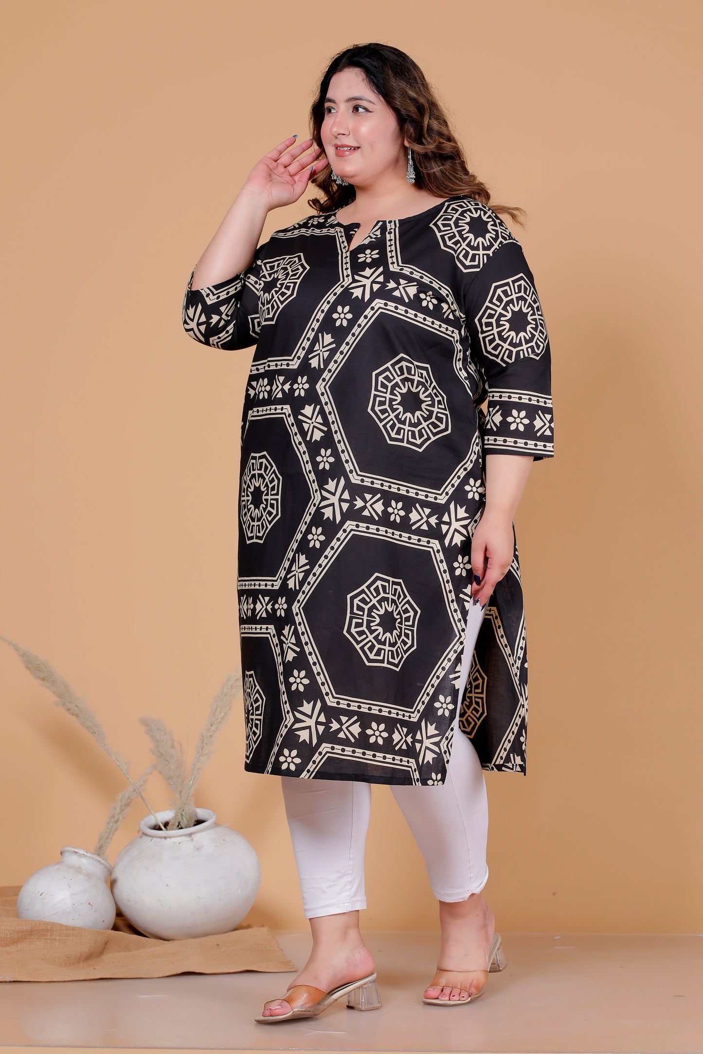 HEXAGON GEOMETRIC PRINT COTTON KURTI IN BLACK BY PLUSSIZEKURTI